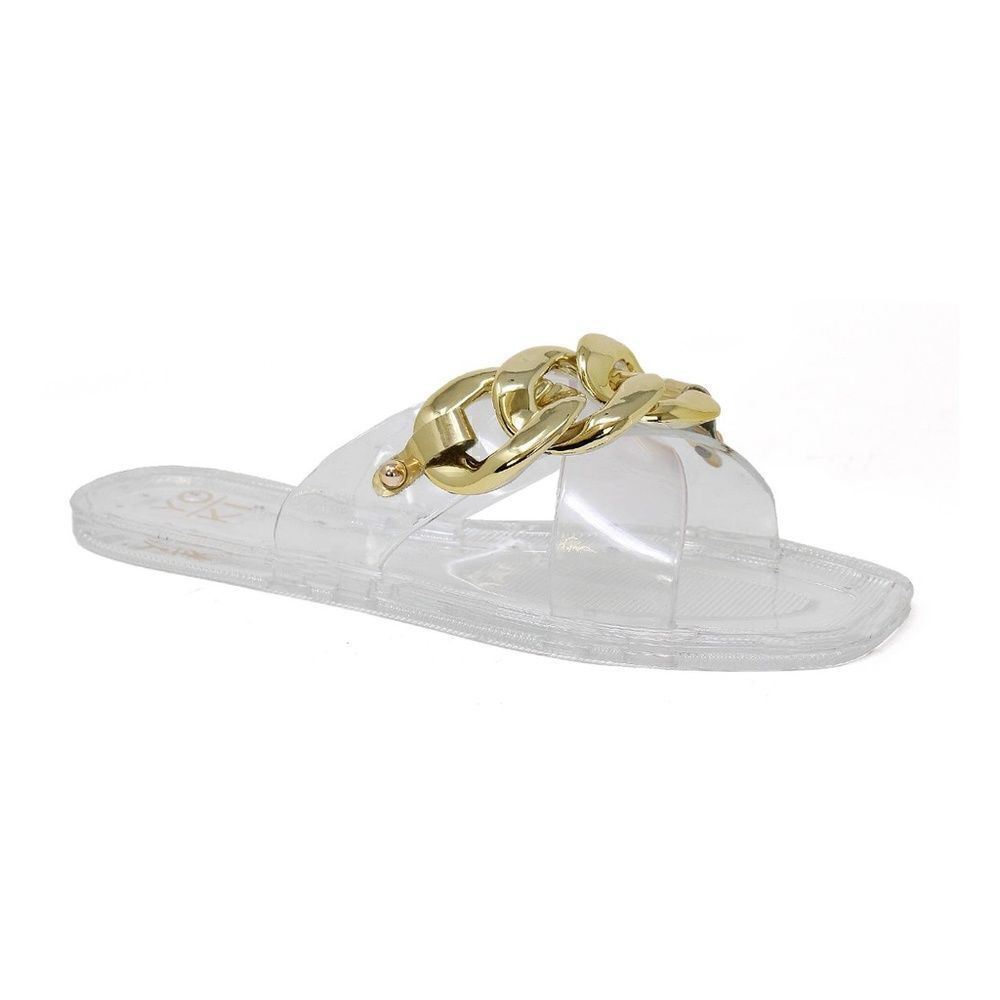 NEW! Boho Women's Flat Clear Jelly Slide Sandals with Chain Embellishment Beach